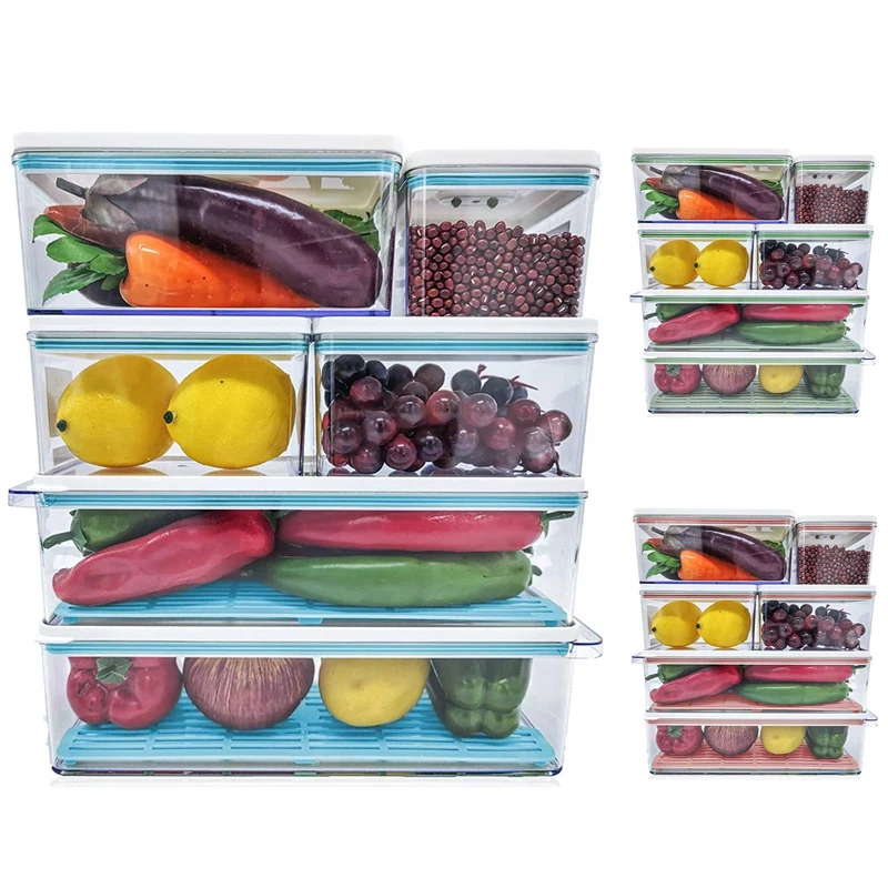 

6 Pack Plastic Stackable Food Storage Containers with Vented Lids and Drain Tray for Refrigerator Produce Saver