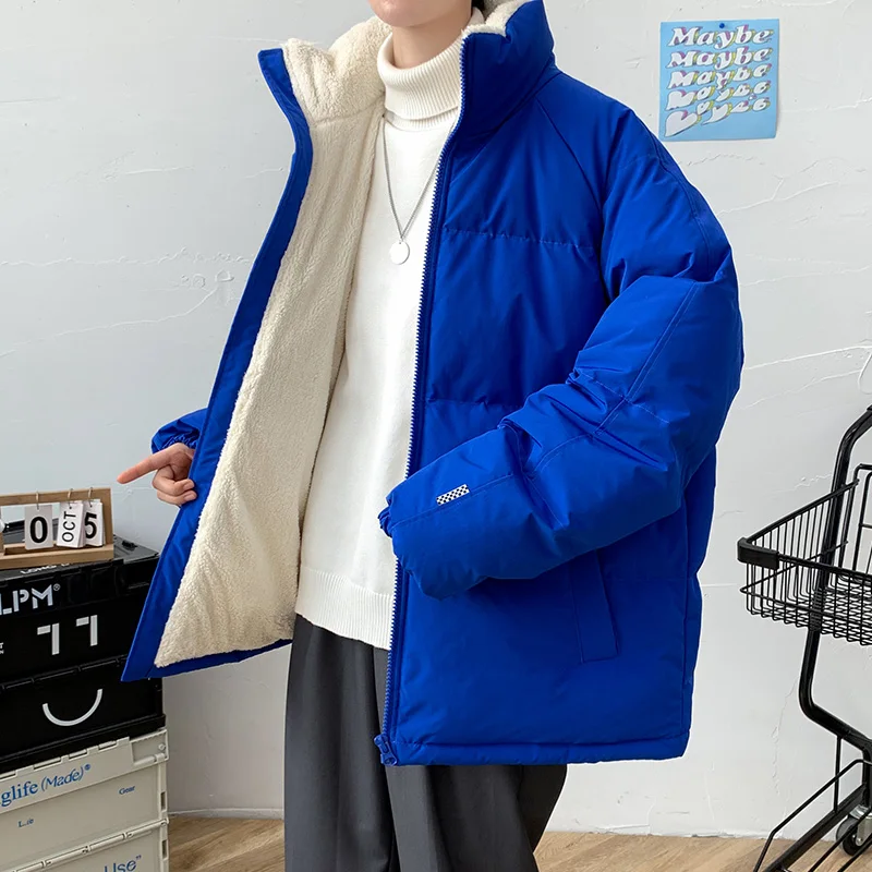 EOENKKY/2022 Winter New Jacket Men Brand Loose Thicken Fleece Warm Mens Parkas Solid Stand Collar Winter jacket Men M-5XL