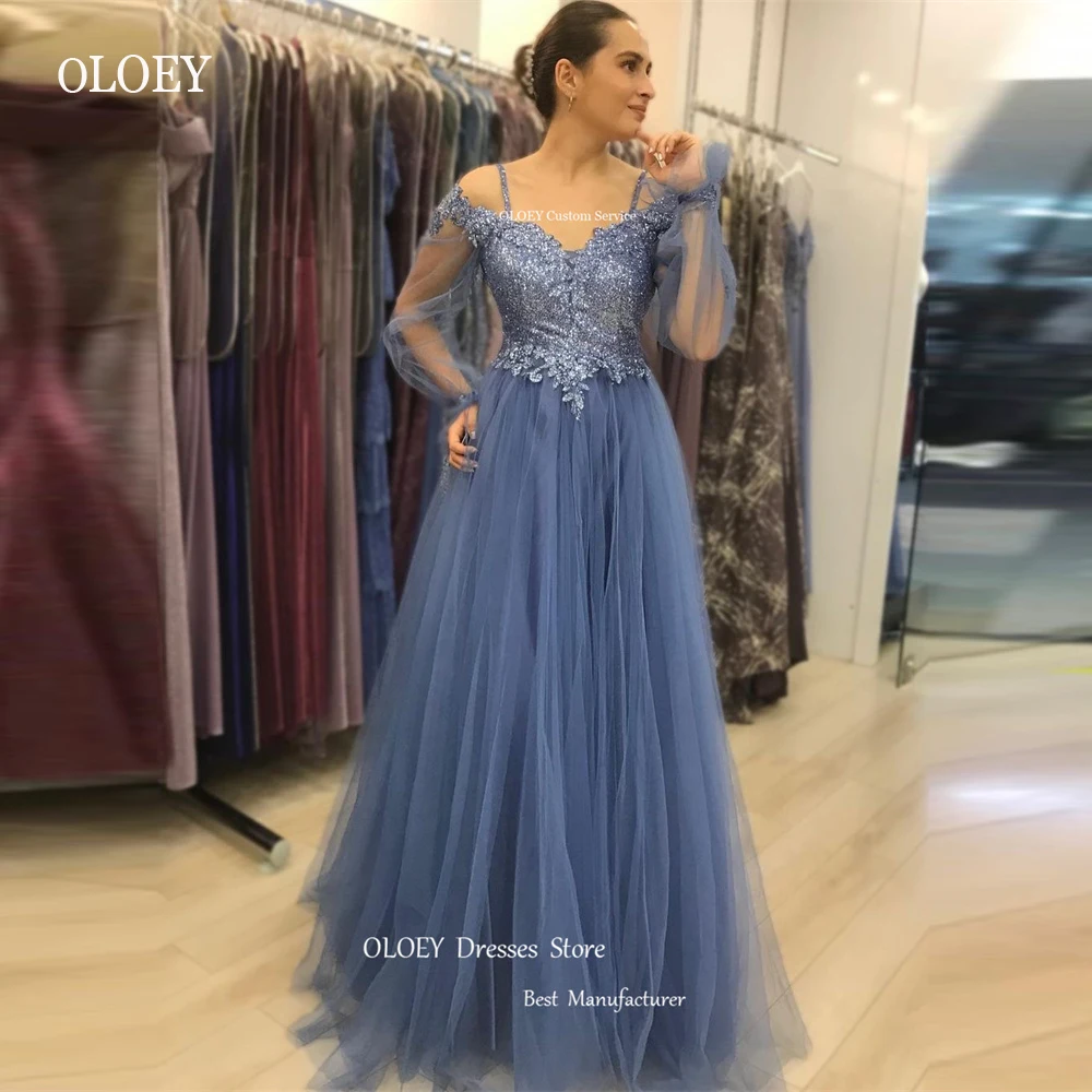 

OLOEY Elegant Dusty Blue Tulle Gold Sparkly Prom Dresses Puff Long Sleeves Applique Lace Spaghetti Straps Mother Evening Gowns