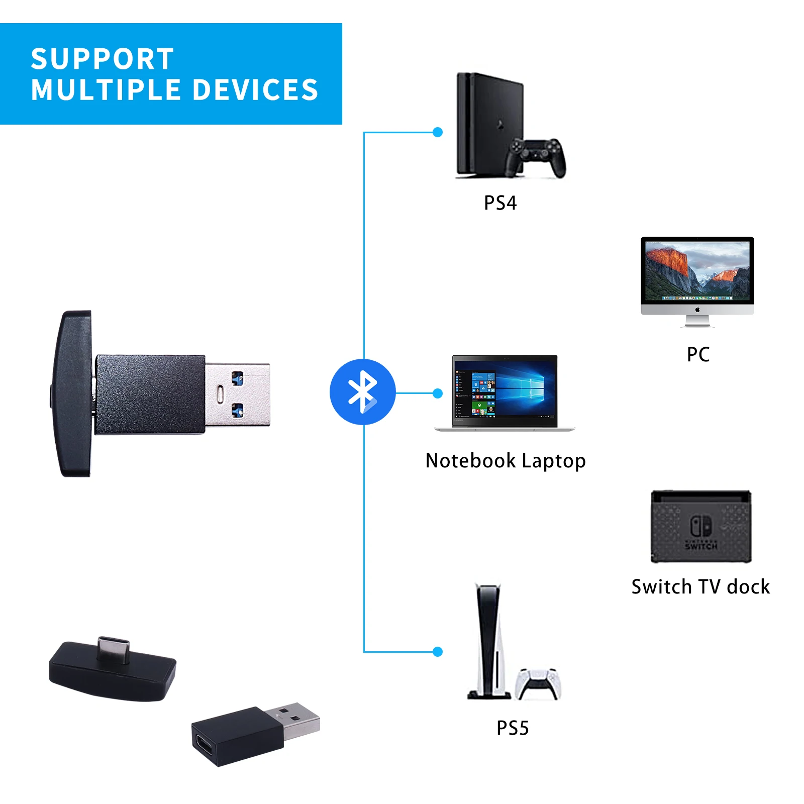 Фото Беспроводной 5,0 Bluetooth-совместимый адаптер USB передатчик VF приемник для Nintendo Switch PS4 PS5 ПК аудио адаптер конвертер №2