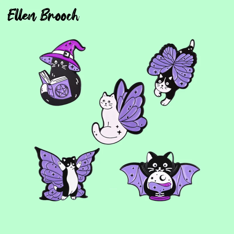 

Magic Cats Enamel Pin Custom Witch Spell Cats Butterfly Lapel Badges Jewelry Gift For Best Friend