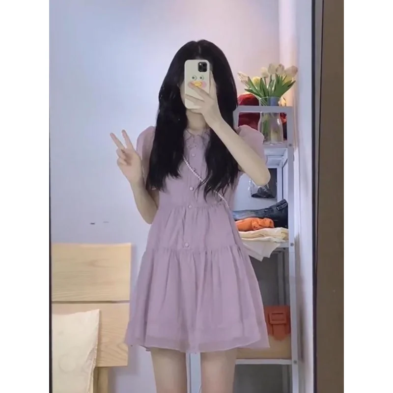 

Petal collar, purple dress, temperament, skinny, fairy, small man, French coffee break, sweet puff sleeves, summer