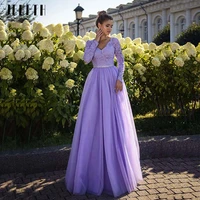 jeheth purple lilac lace tulle prom dresses long sleeves party gowns with belt guest backless floor length robes de soir%c3%a9e 2022