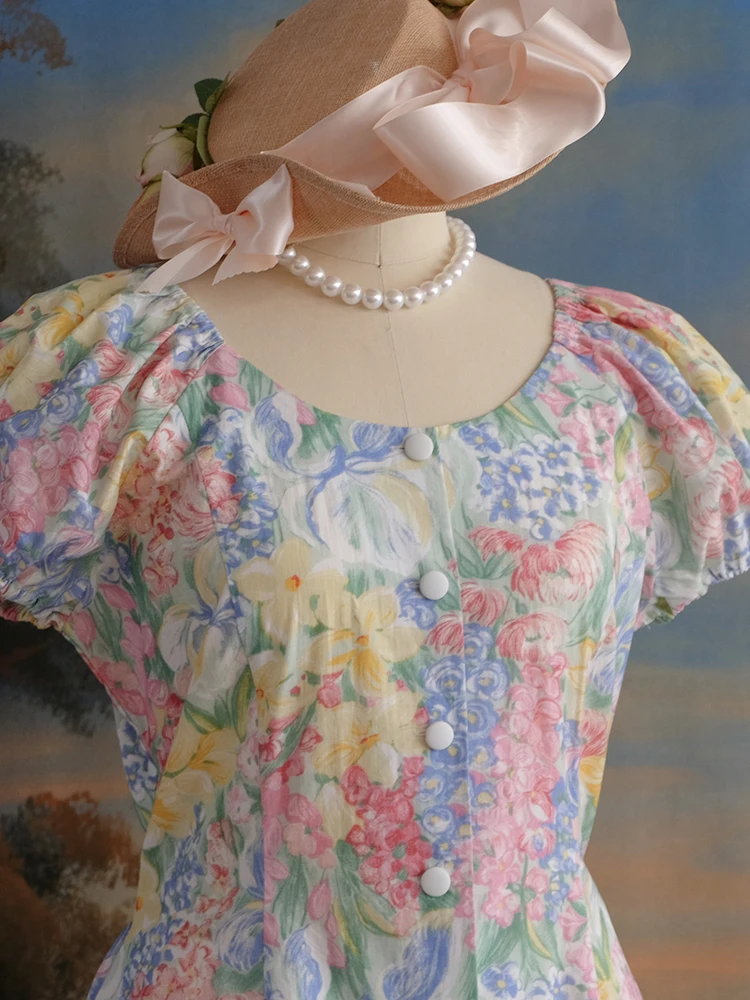Spring Summer Women Loose Plus Size Vintage Style 90s Elegant Lady Romantic Pink Floral Print Handmade Cotton Dresses