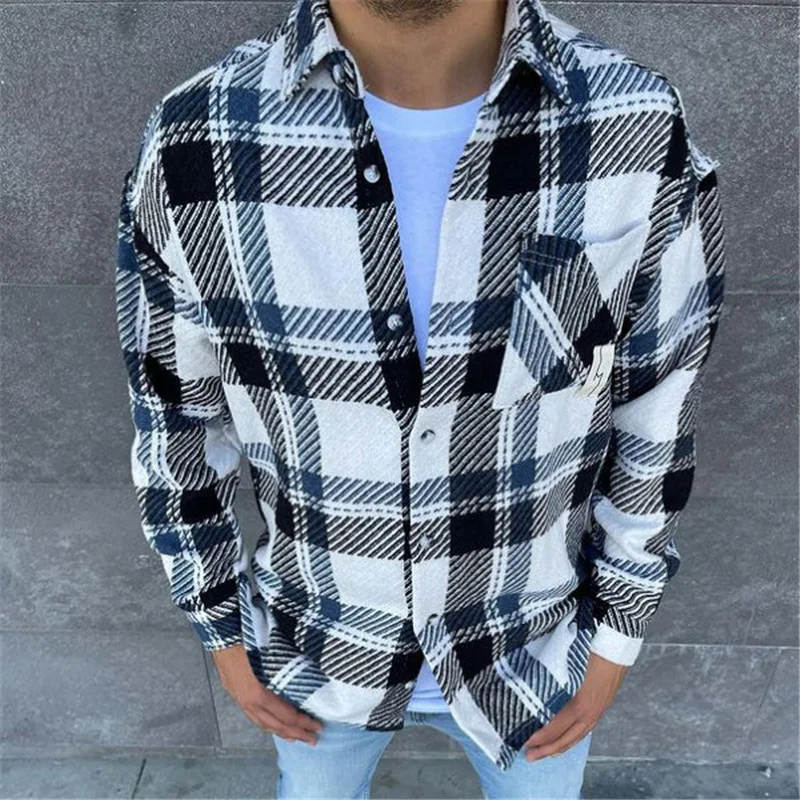 

Fashion Plaid Printing Mens Jackets Spring Long Sleeve Single Breasted Coats Winter Mens Vintage Turn-down Collar Cardigan Tops