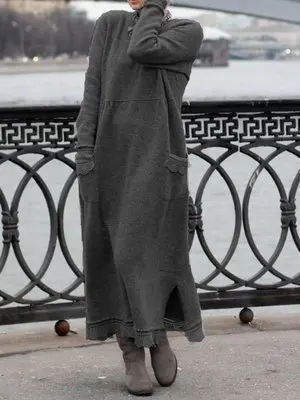 

New Solid Round Neck Pullover with Lace Loose Knitted Long Dress