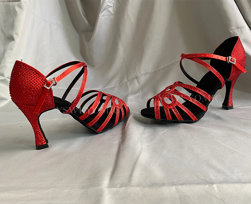 Women Red Rhinestone Latin Dance Shoes Soft Sole Salsa Bachata Dance Shoes For Girls Dance-shoes Wedding Dance Party Sandals