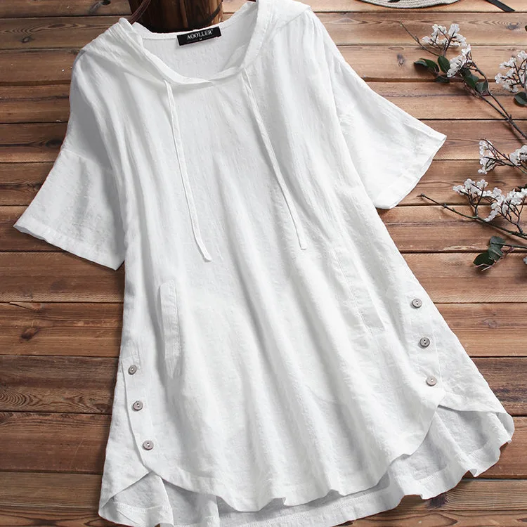 

Fashion Summer Cotton Linen V-neck Button Clothes Women Clothing Fit Blouses Comfort Hooded Casual Tees Loose Elegant