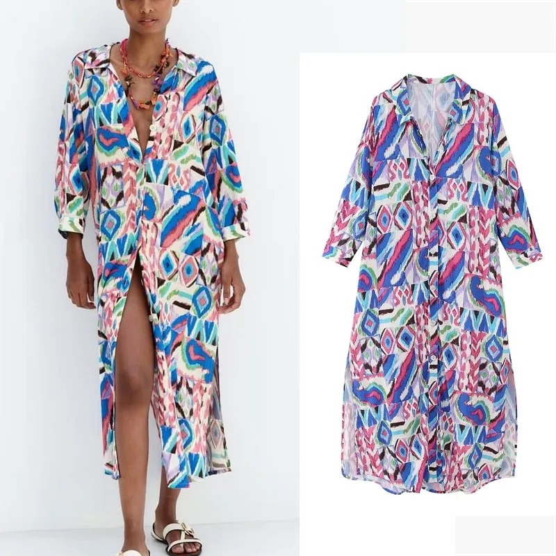 

TRAF Floral Print Tunic Midi Shirtdress For Women Summer Long Sleeve Loose Dresses Female Chic Side Vents Vestidos Casual Dress