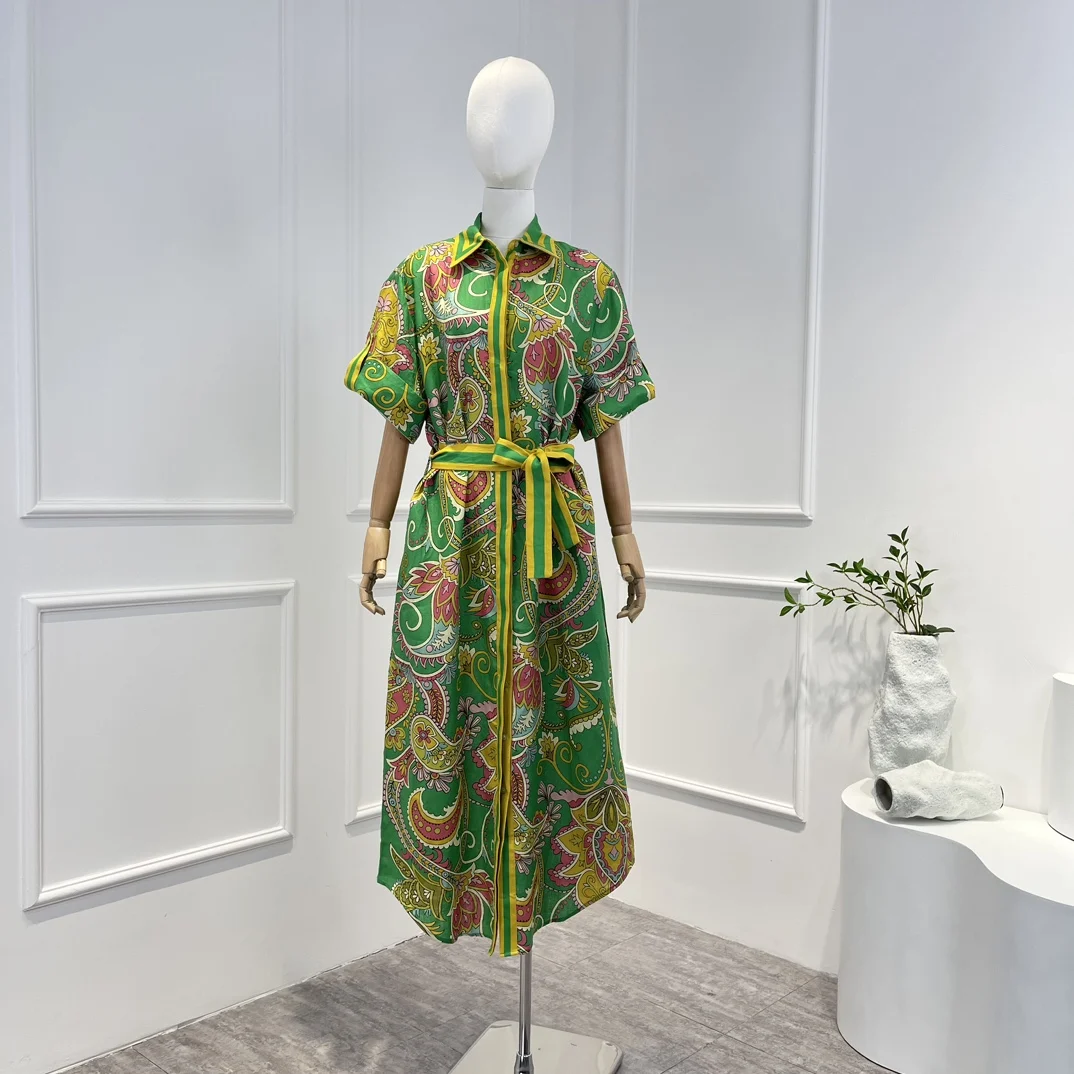 

2023 Spring Top Quality Natural Linen Green Floral Printing Loose Mid Dress with Belt Women