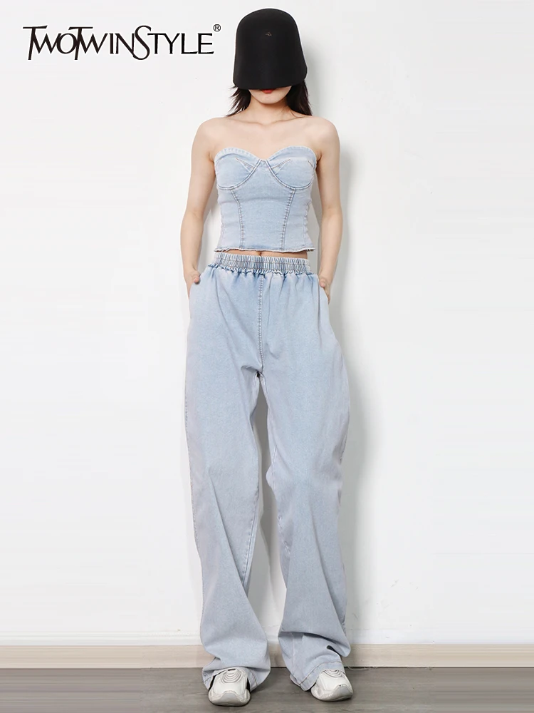 

TWOTWINSTYLE Blue Two Piece Set Women Strapless Sleeveless Tops High Waist Loose Wide Leg Pants Denim Sets Female Clothing Style