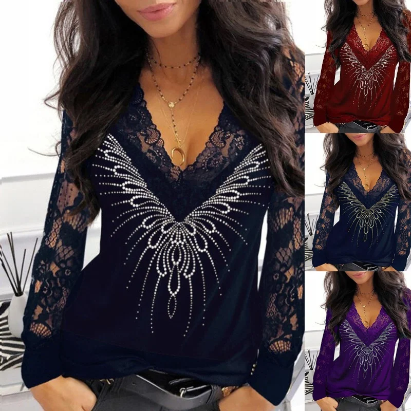Sexy Elegant Women Fashion Lace Stitching Long Sleeve Printed Slim Fit Pullover Bottoming Blouse Tops