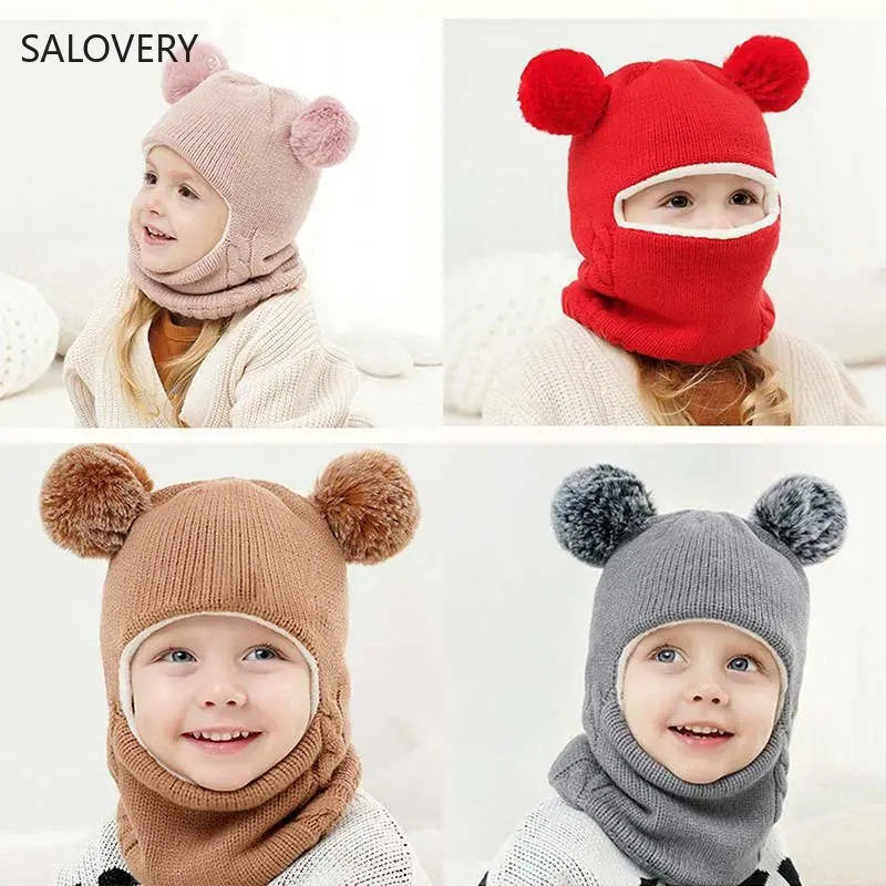 

Newborn Winter Windproof Warm Hats Kid Solid Pompom Beanie Baby Boy Girl Hooded Scarf Caps Hat Winter Warm Knit Flap Cap Scarf