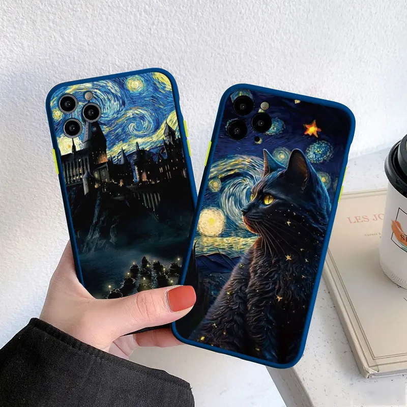 

Retro Oil Painting Starry Sky Cat Phone Case For iPhone 11 13 12 14 Pro Max 7 8 14 Plus SE 2020 XR XS X Vintage Shockproof Cover