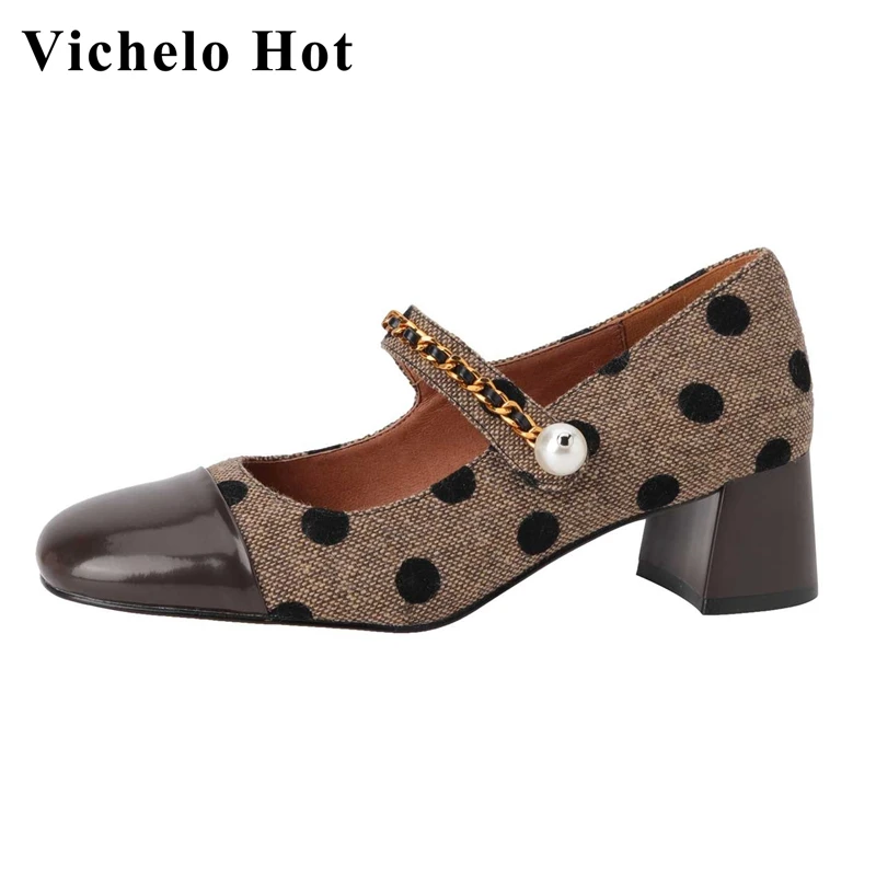 Vichelo Hot cow leather round toe high heels patchwork polka dots chain pearl decorations young lady streetwear women pumps L80