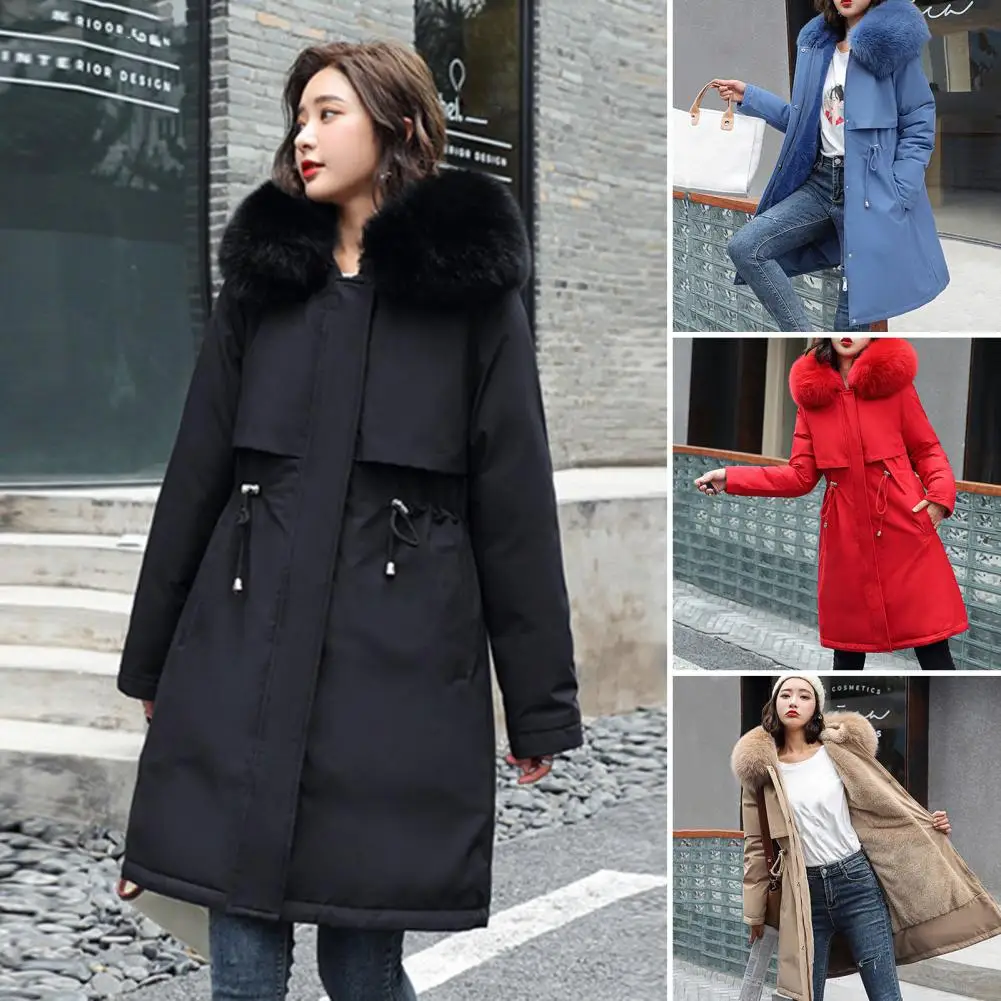 Long Sleeves Waist Drawstring Zipper Buttons Closure Pockets Women Coat Faux Fur Hooded Fleece Lined Padded Cotton Jacket