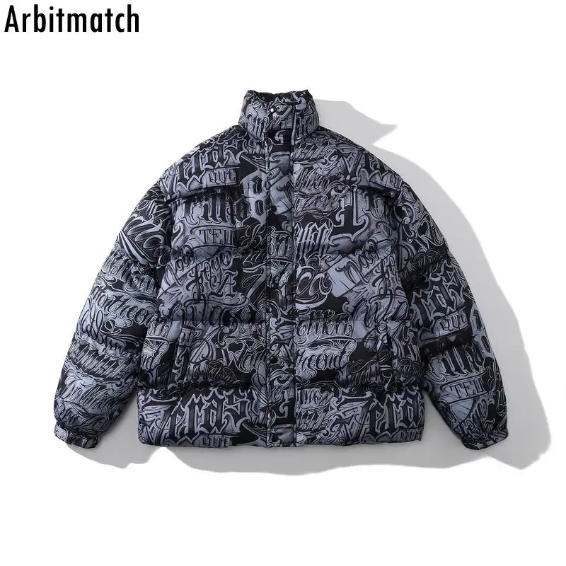

Outwear Warm Zip 2022 Men Hip Hop Letters Colorful Print Parka Jacket Streetwear Padded Jacket Harajuku Cotton Jacket Winter