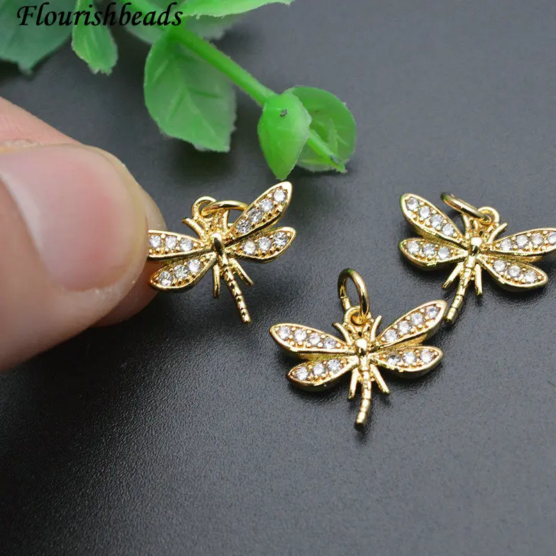 20pc Jewelry Making Supplies Nickel Free Anti Fading Gold Plated Cz Pave Cute Small Size Dragonfly Bracelet Charms