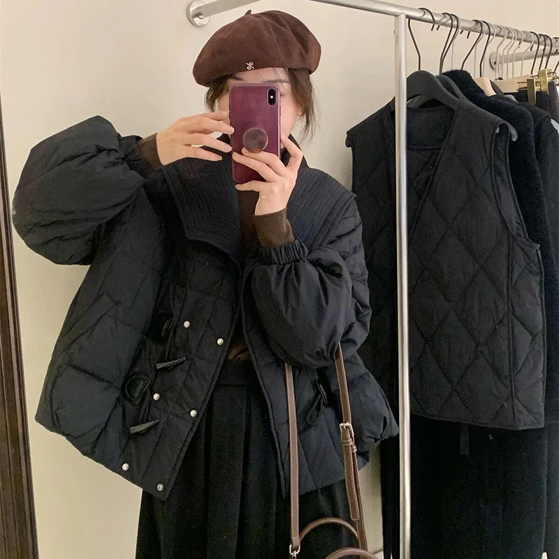 New Horn Button Down Jacket Women's Winter Lapel Thin Cotton Jacket Solid Color Sweet Thick White Eiderdown Warm Short Coat