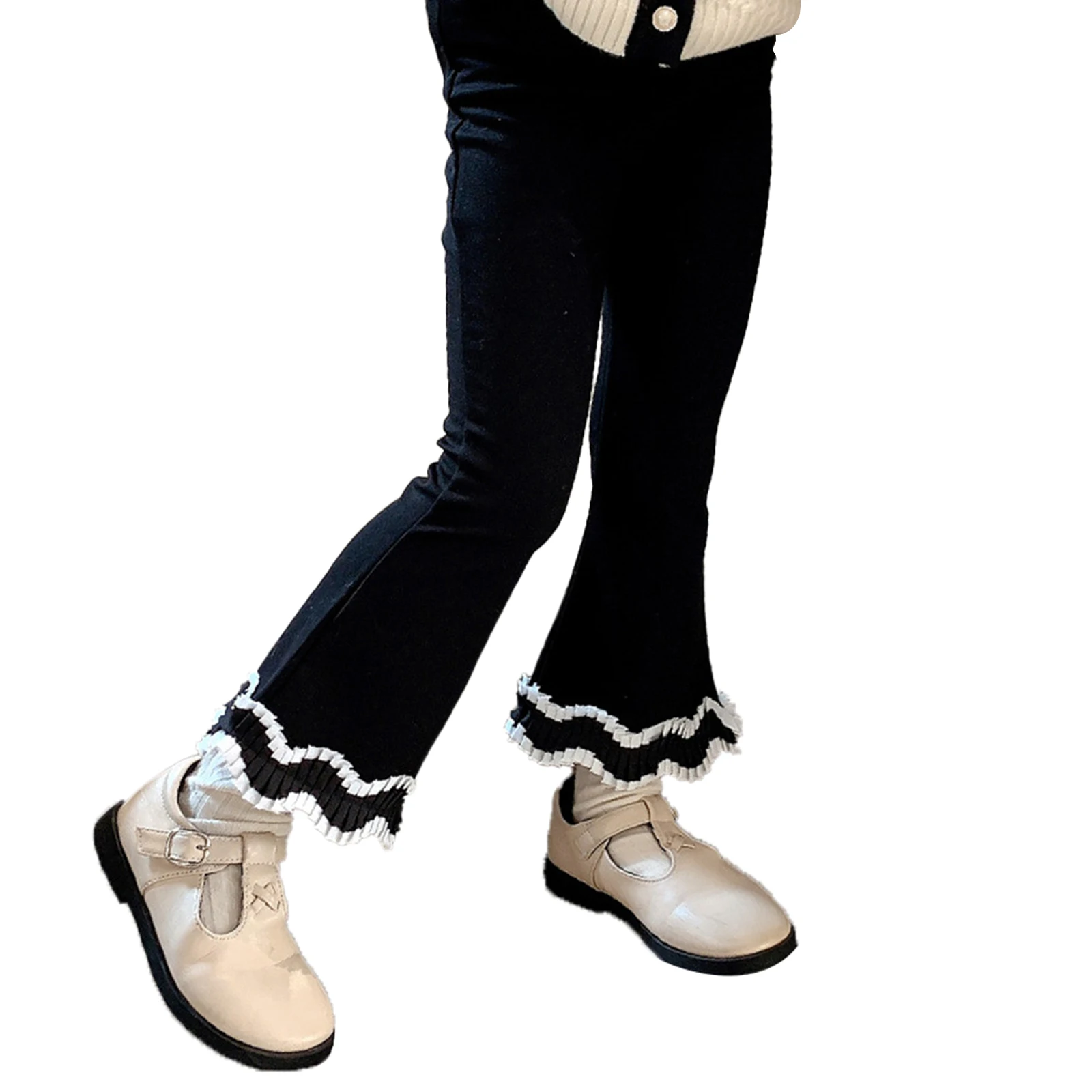 

Baby Girls Warm Fleece-Lined Flare Pants Elastic Waist Ruffle Contrast Color Stripe Flare Pants for Daily Casual Wear