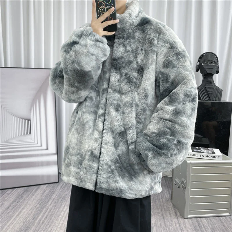 Winter Jacket Men Warm Fashion Casual Thicke Lamb Wool Jacket Men Streetwear Loose Tie Dye Short Coat Mens Oversized Clothes