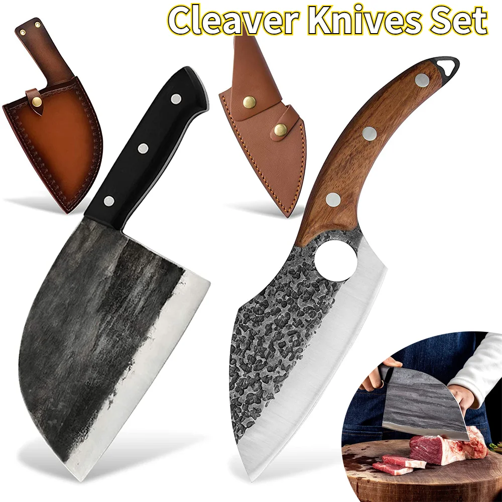 

Serbian Handmade Butcher Knife Cleaver Forged Kitchen Knife Set With Leather Sheath Slicing Full Tang Boning Hunting Knife