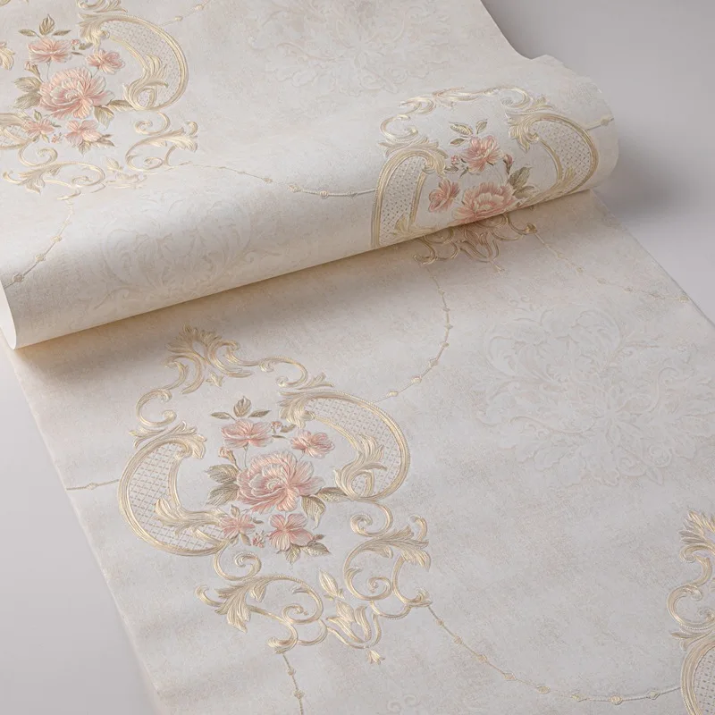 Европейские 3D обои из нетканого материала с цветами розовые бежевые цветочные