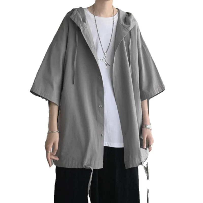 2022 New Shirt Men's Summer Slim Japanese Hooded Five-point Sleeve Shirt Thin Section Loose Net Red Fried Street Shirt Jacket
