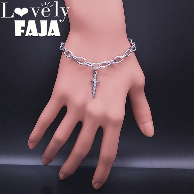 

Cool Hip Hop Dagger Sword Knife Bracelets Never Fade Stainless Steel Women Men Cuban Chain Bracelet Punk Rock Jewelry BY14S03