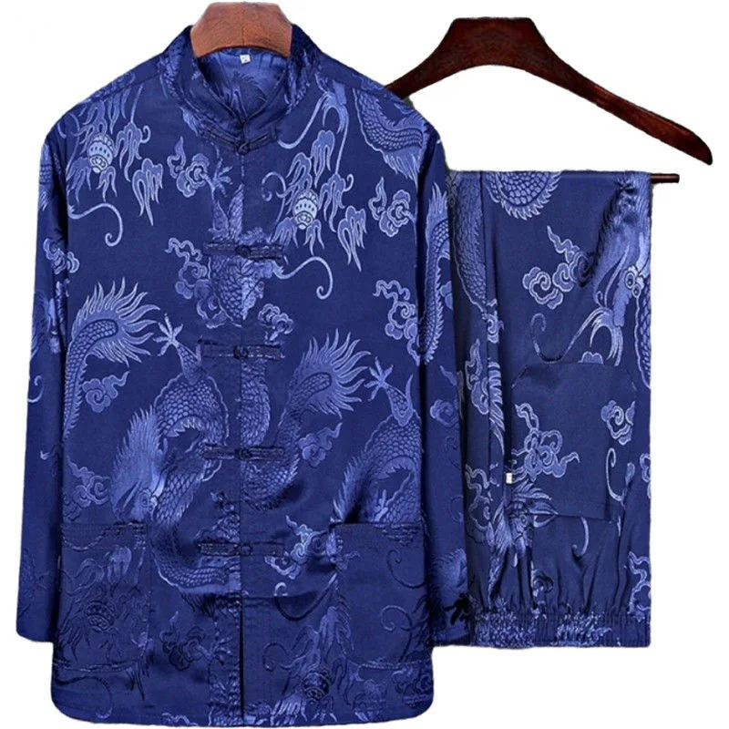 

Spring Summer Tang Suit Men's Middle-Aged and Elderly Ice Silk Long Sleeve Han Chinese Clothing Suits Chinese Thin Casual