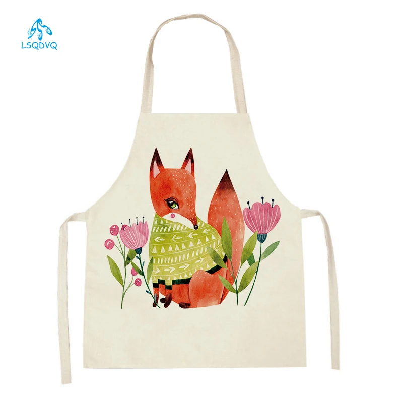 

Cute Animal Fox Cattle Bear Owl Printed Kitchen Aprons Adult Kids Linen Waist Bib Home Cleaning Apron Cooking Baking Accessories