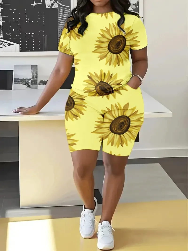 Женский Летний Повседневный Комплект Больших Размеров С Круглым Вырезом И