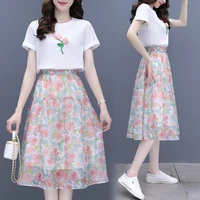 fashion suits womens summer 2022 three dimensional embroidered short sleeved t shirts high waisted a line skirt two piece set