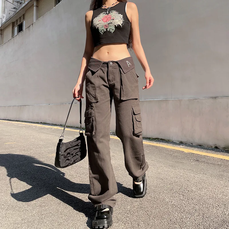 

WeiYao Vintage Gray Straight Leg Cargo Jeans High Waist Big Pockets Baggy Denim Trousers Casual Oversized Pants Streetwear y2k
