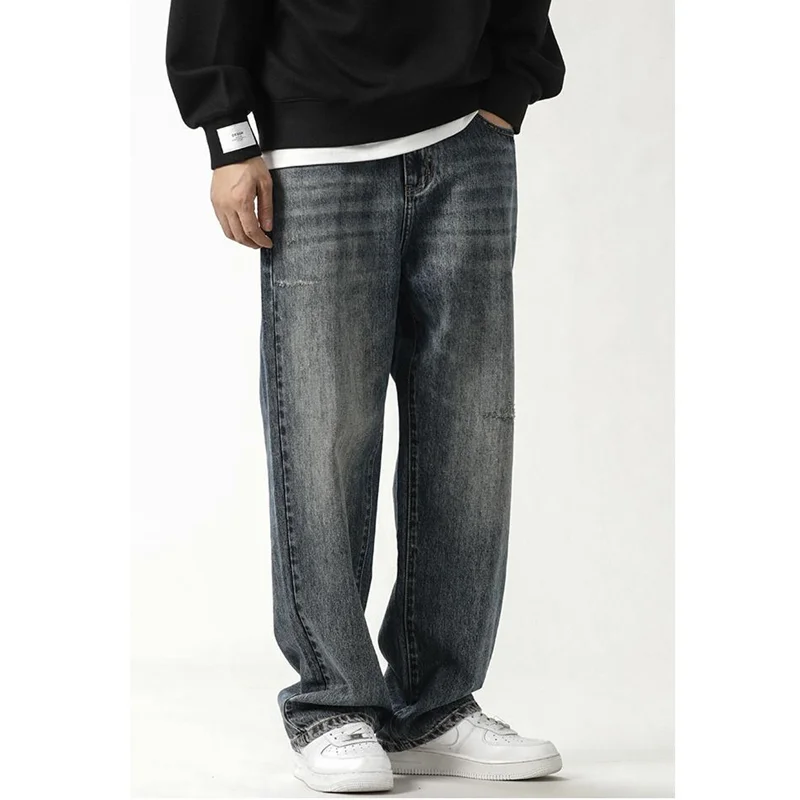 Streetwear Men 2022 New Pattern Vintage Recreational Blue Pants Straight Cylinder Comfortable Loose Large Jeans Autumn Female