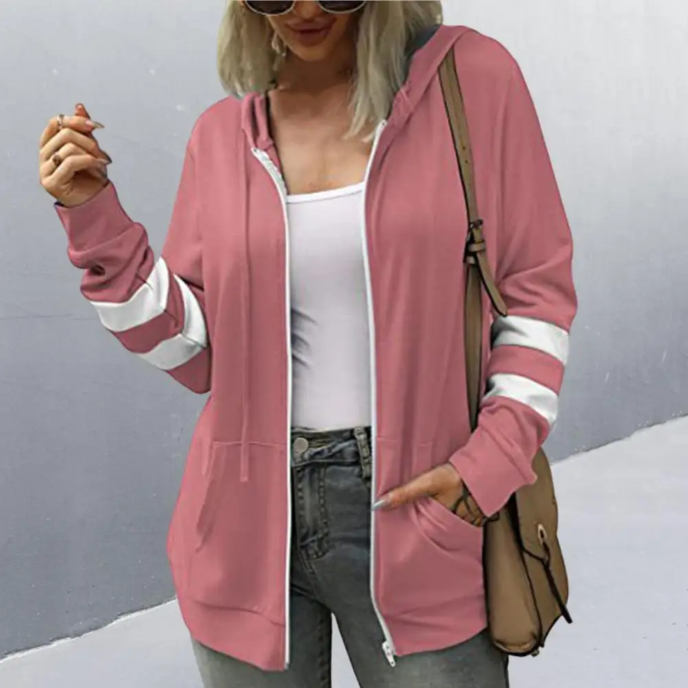 

Chic Cardigan Hoodie Thick Hoodie Coat Zipper Closure Lady Simple Casual Stitch Color Hooded Coat Coldproof