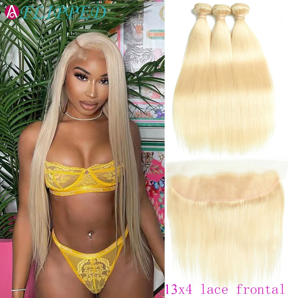 

36'' 613 Blonde Peruvian Straight Hair 13x4 Lace Frontal Closure 3/4 Bundles Human Hair Bundles Lace Frontal Closure Remy Hair