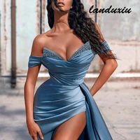 landuxiu women sexy grey blue off shoulder beaded satin mermaid for slit v neck pleated backless evening dress