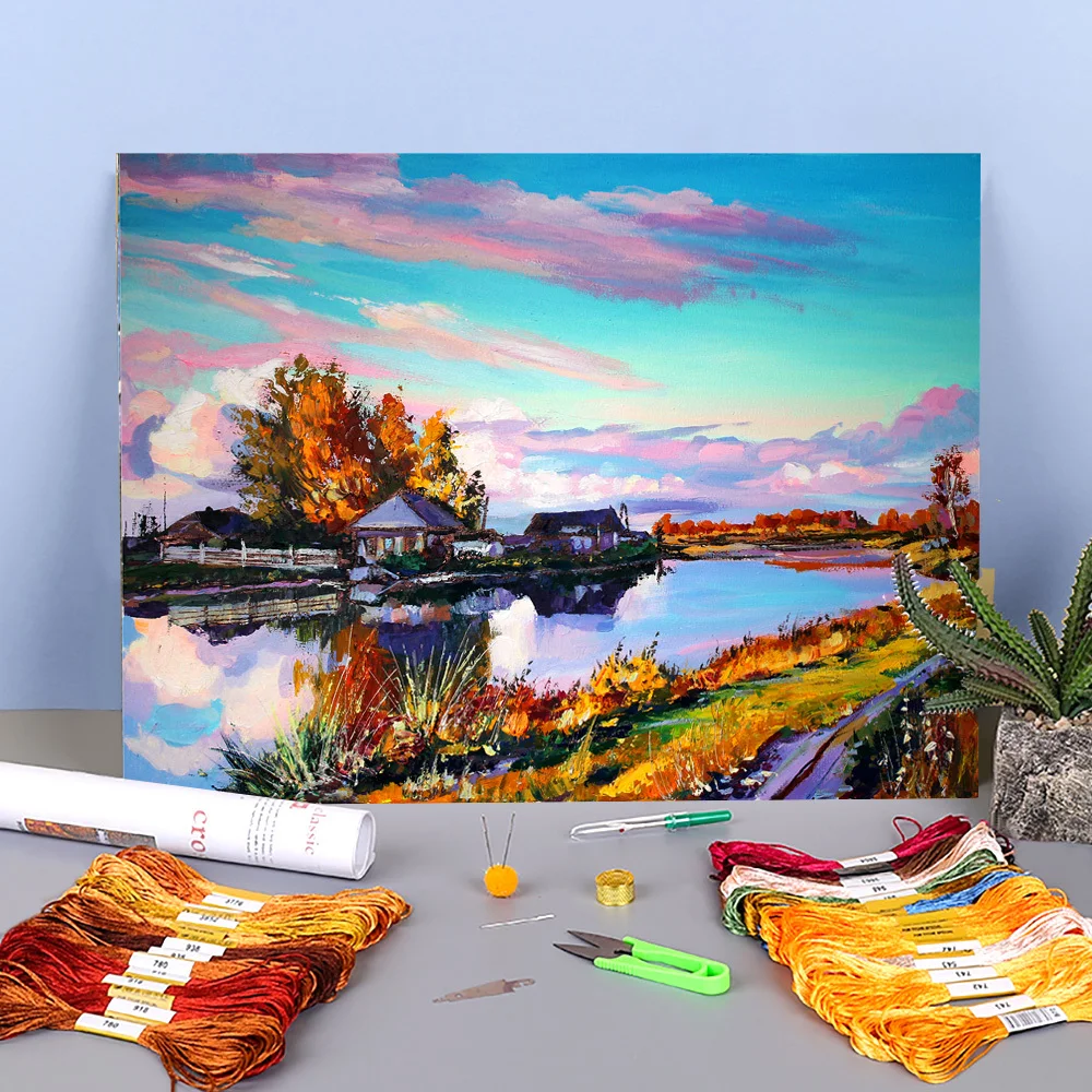 

Landscape Near The Pond Printed 11CT Cross Stitch Set Embroidery DMC Threads Sewing Handiwork Knitting Handicraft Gift Floss