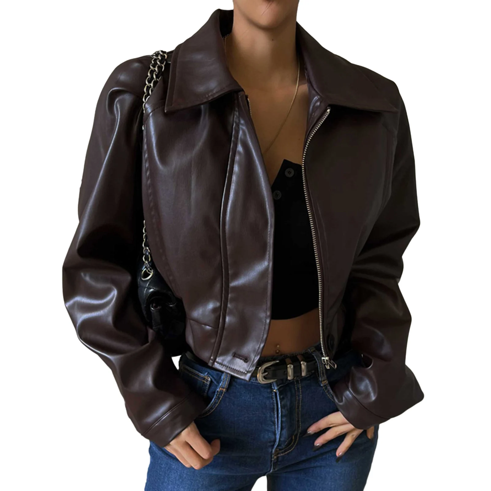 

Women Retro Long Sleeve Lapel Cropped Jacket Biker Moto Jacket Zipper Leather Motorcycle Jacket Fall Winter Outwear