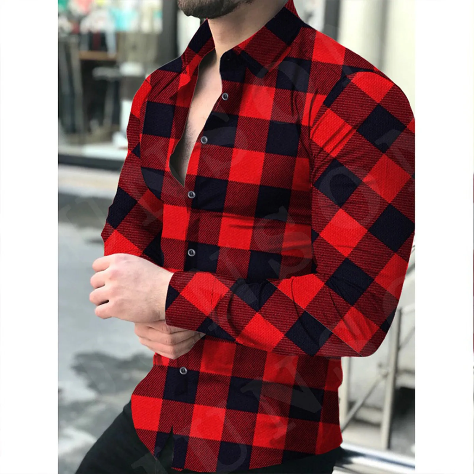 

Mens Shirt Fashion Checkered Plaid Cross Matching Shirts Causal Button Shirt Tops Business Casual Men