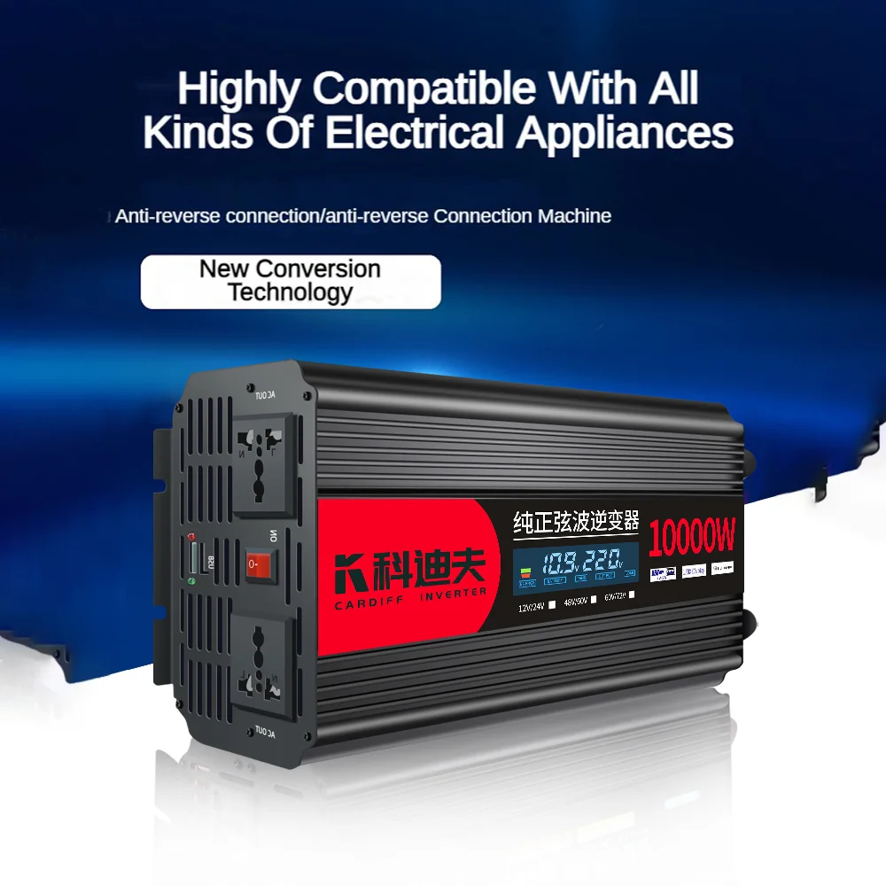 

Pure Sine Wave Inverter - Dual Voltage DC 12V/24V to AC 220V Converter for Solar & Battery Systems: 6000W-10000W Power Output