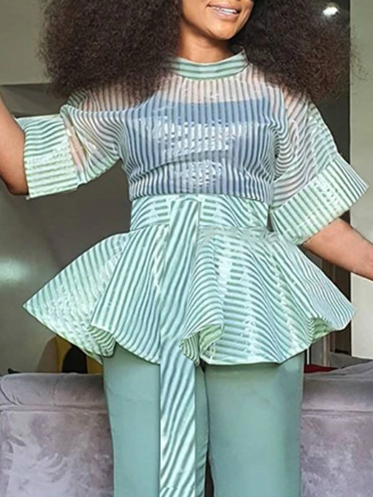 

Women Blouses Sexy Thin Transparent Striped Waist Belt Peplum Tops Shirt Big Size Fashion Bluas Party Date Birthday Clothes 2XL
