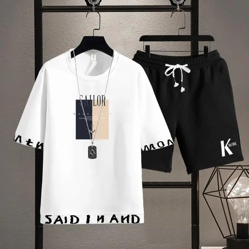 2023 New Trendy Two-Piece Suit T-shirt Summer Short-Sleeved Suit Men's Korean-Style Sports and Leisure Handsome Suit