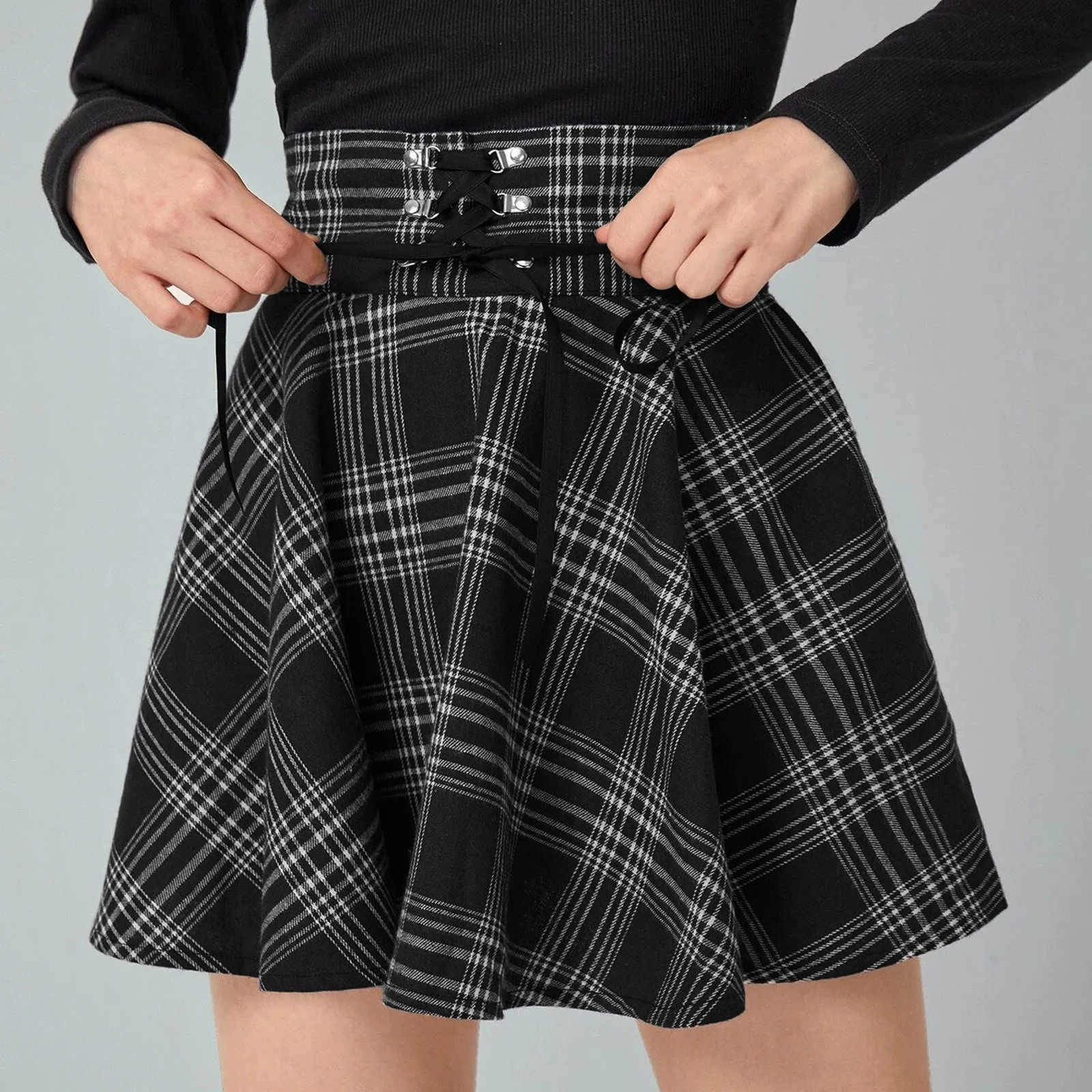 

Spring Summer Vintage Women Skirts High Waist Korean Style Pleated Skirts for Girls Retro Punk Ladies Mini Plaid Lace Up Skirt