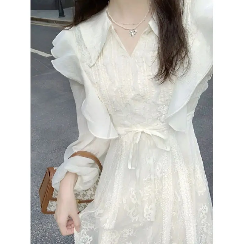 

Платье WDMSNA с пышными рукавами для женщин, весеннее новое белое платье с V-образным вырезом, женские корейские кружевные длинные платья с обо...