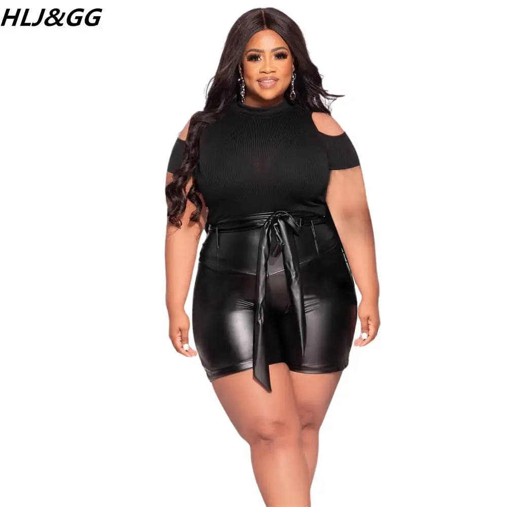 HLJ&GG Black Women Sexy Slim Two Piece Sets Summer PU Leather Skinny Shorts + Off Shoulder Top Outfits Plus Size Matching Suits