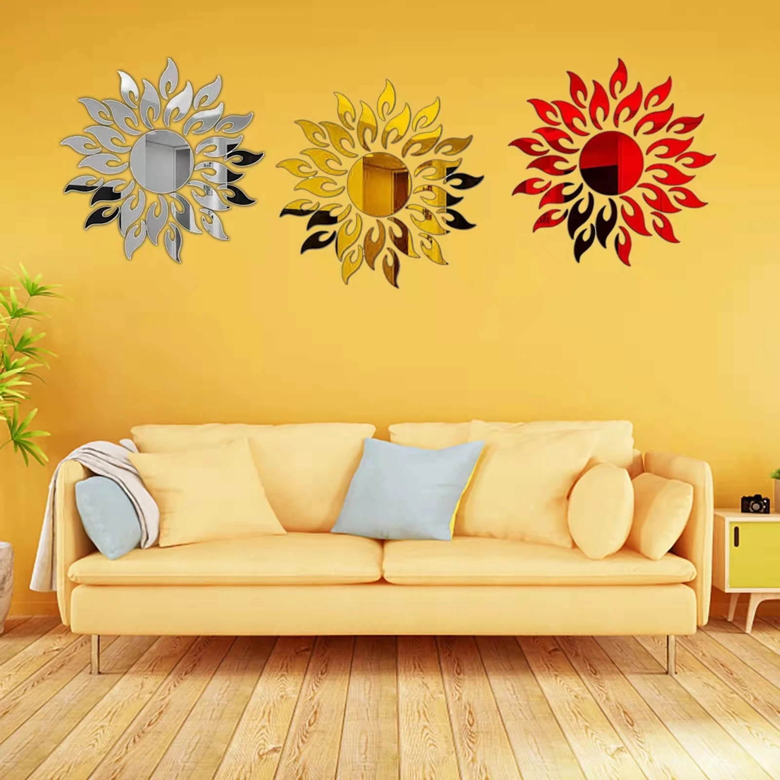 Sun Flower Mirror Wall Sticker 3D TV Background stickers DIY Wall Decor Decal Sticker Art Mural Bedroom Bath Room Decoration