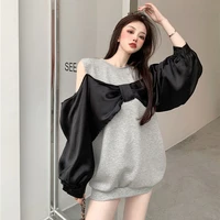 150kg can wear bow open shoulder fake two pieces oversized 2xl 2022 summer long sleeve women t shirt korean fashion harajuku top
