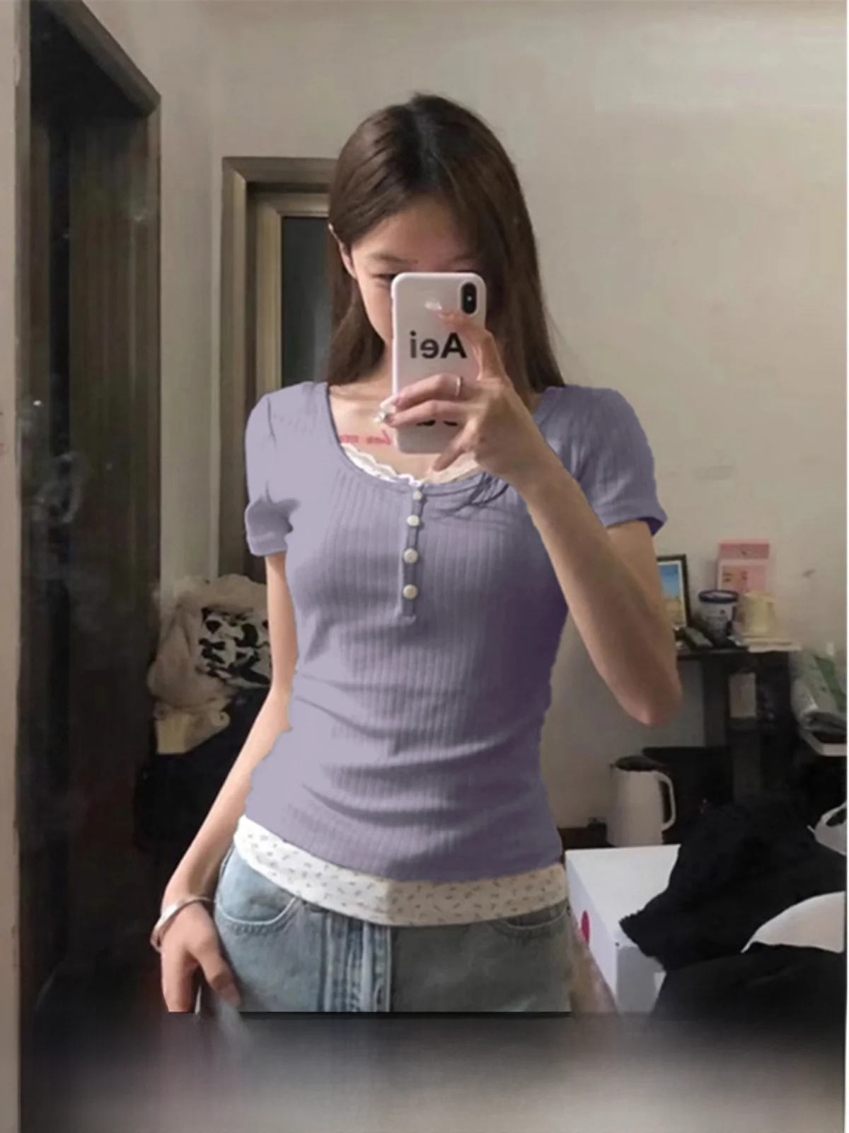 Футболка женская с коротким рукавом фиолетовый двойной топ имитацией допамина